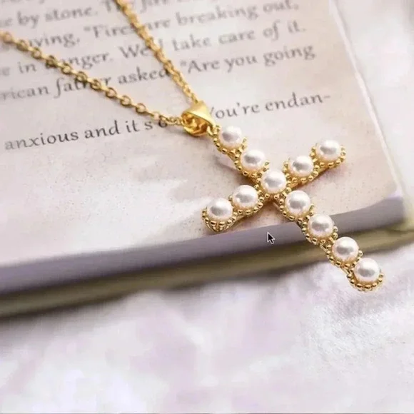 NWT Pearl Cross Necklace - Pearl Beads Stainless Steel Adjustable Chain - Picture 2 of 3